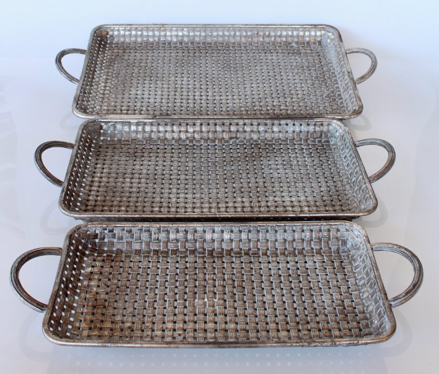Set of 3 Silver Lattice Metal Trays